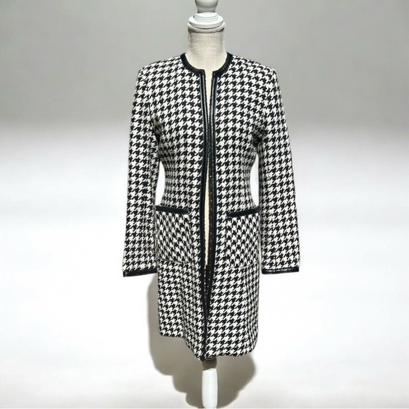 🌻VS2 By Vakko B&W Houndstooth Vegan Leather Trim Open Jacket Coat Size 4 - Picture 3 of 11